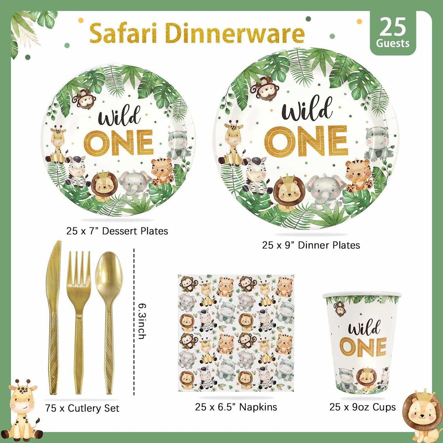 Heboland 175 Pcs Wild One Safari Birthday Party Supplies – Plates, Cups, Napkins & Cutlery for 25 Guests