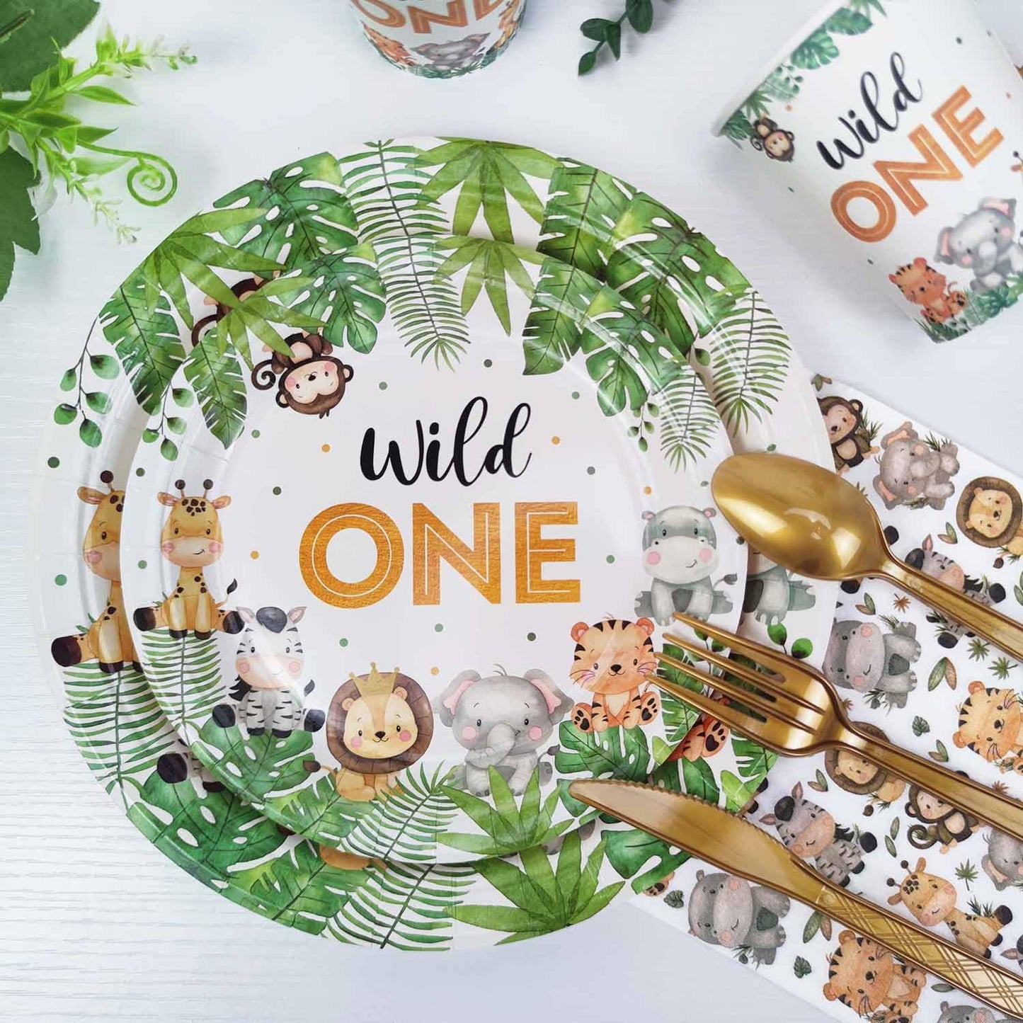 Heboland 175 Pcs Wild One Safari Birthday Party Supplies – Plates, Cups, Napkins & Cutlery for 25 Guests