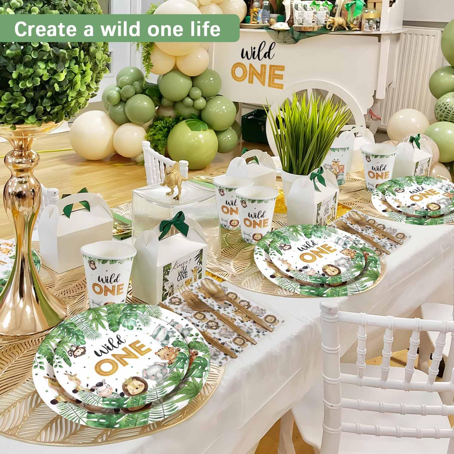 Heboland 175 Pcs Wild One Safari Birthday Party Supplies – Plates, Cups, Napkins & Cutlery for 25 Guests