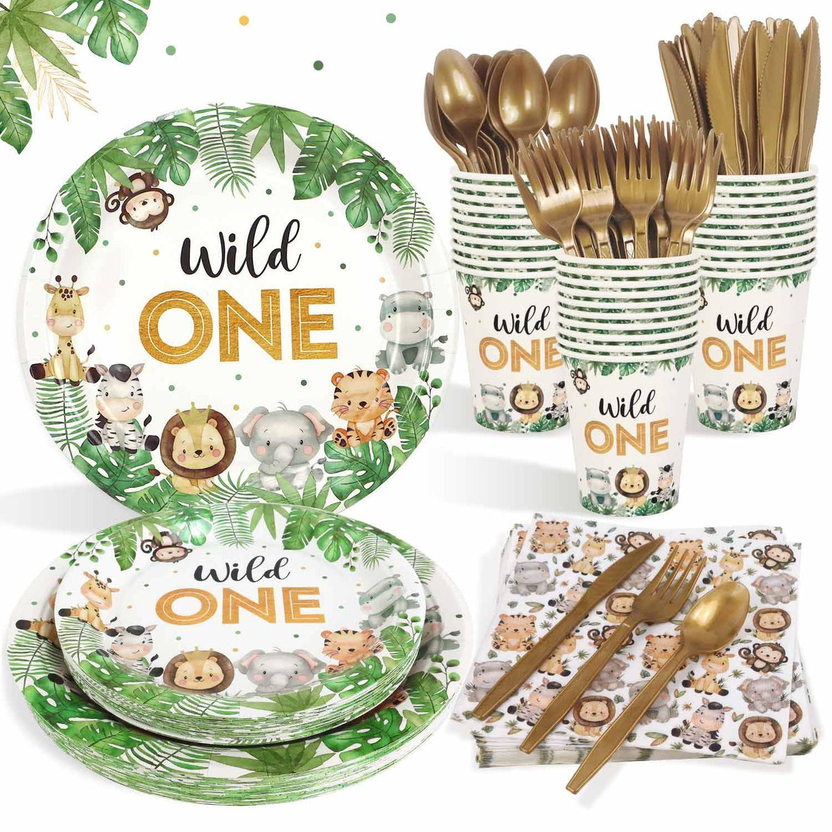 Heboland 175 Pcs Wild One Safari Birthday Party Supplies – Plates, Cups, Napkins & Cutlery for 25 Guests