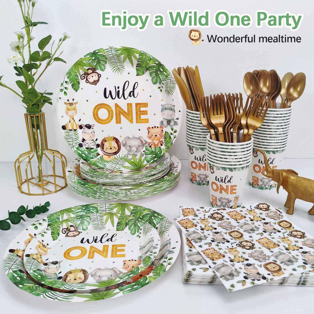 Heboland 175 Pcs Wild One Safari Birthday Party Supplies – Plates, Cups, Napkins & Cutlery for 25 Guests