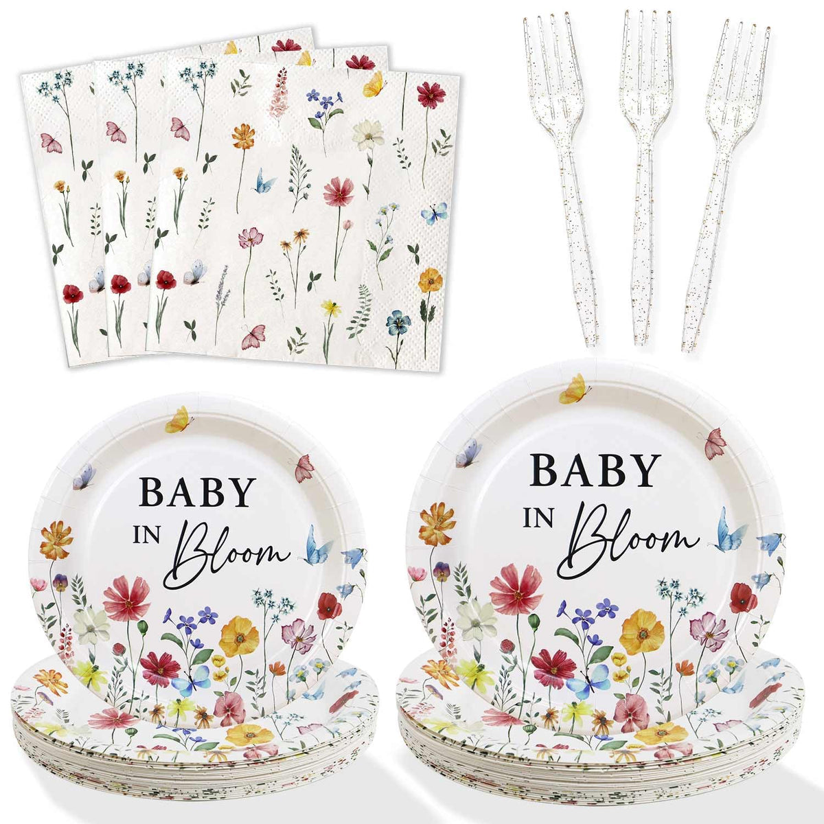 Heboland Wildflower Baby in Bloom: Plates & Utensils for Baby Shower (100pcs, 25 Guests)