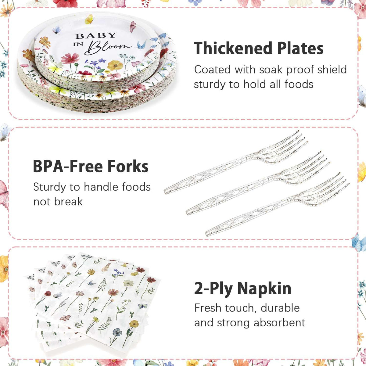 Heboland Wildflower Baby in Bloom: Plates & Utensils for Baby Shower (100pcs, 25 Guests)