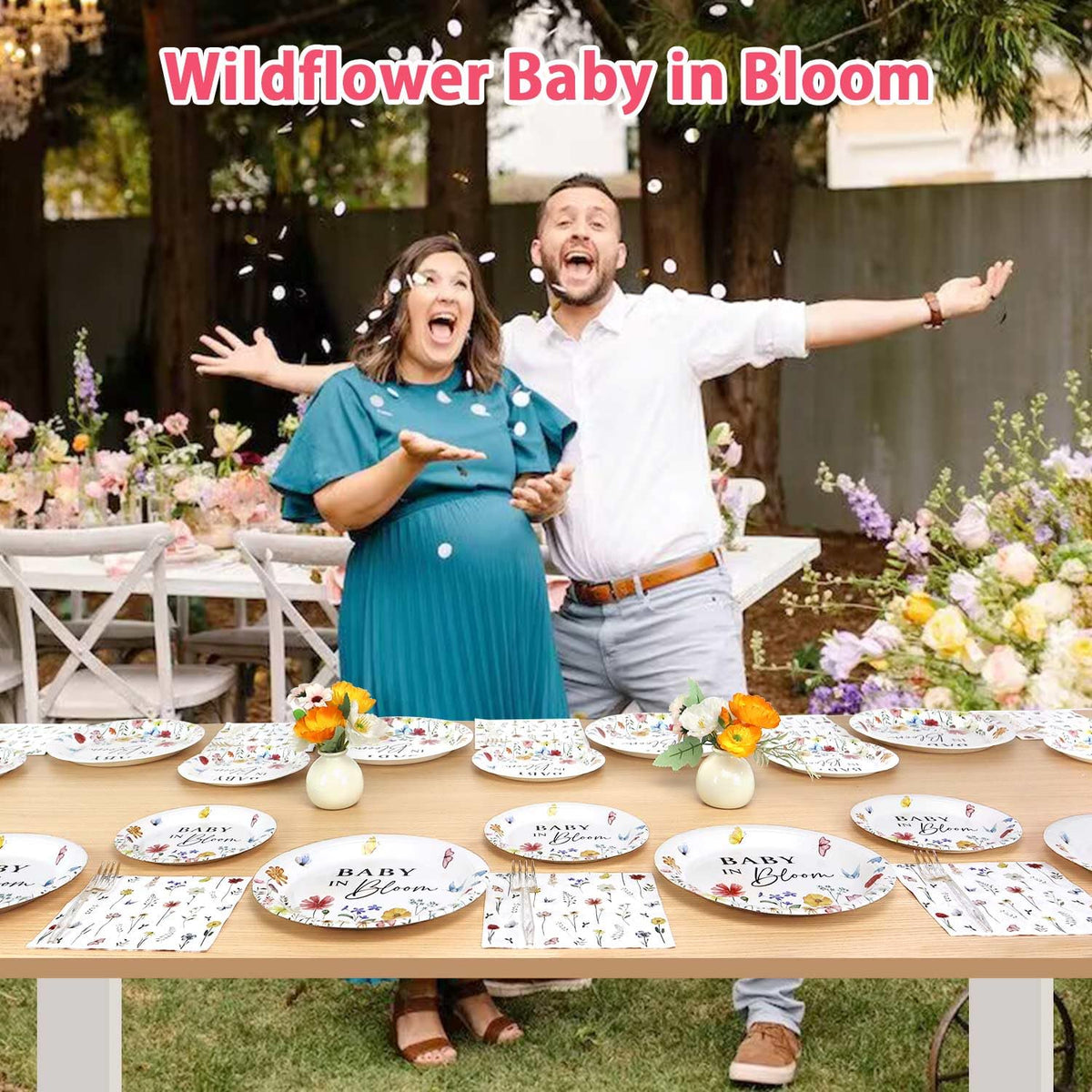 Heboland Wildflower Baby in Bloom: Plates & Utensils for Baby Shower (100pcs, 25 Guests)
