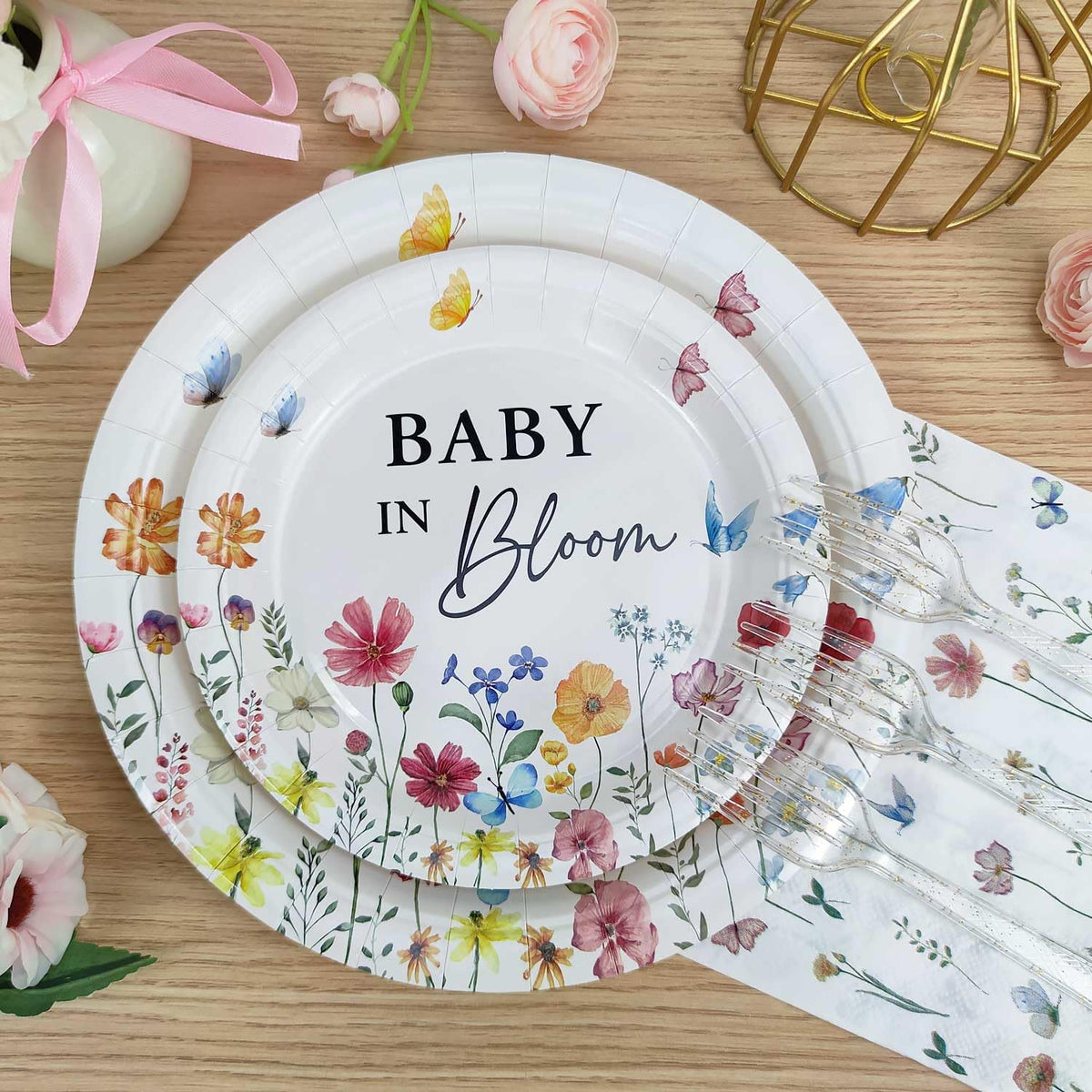Heboland Wildflower Baby in Bloom: Plates & Utensils for Baby Shower (100pcs, 25 Guests)