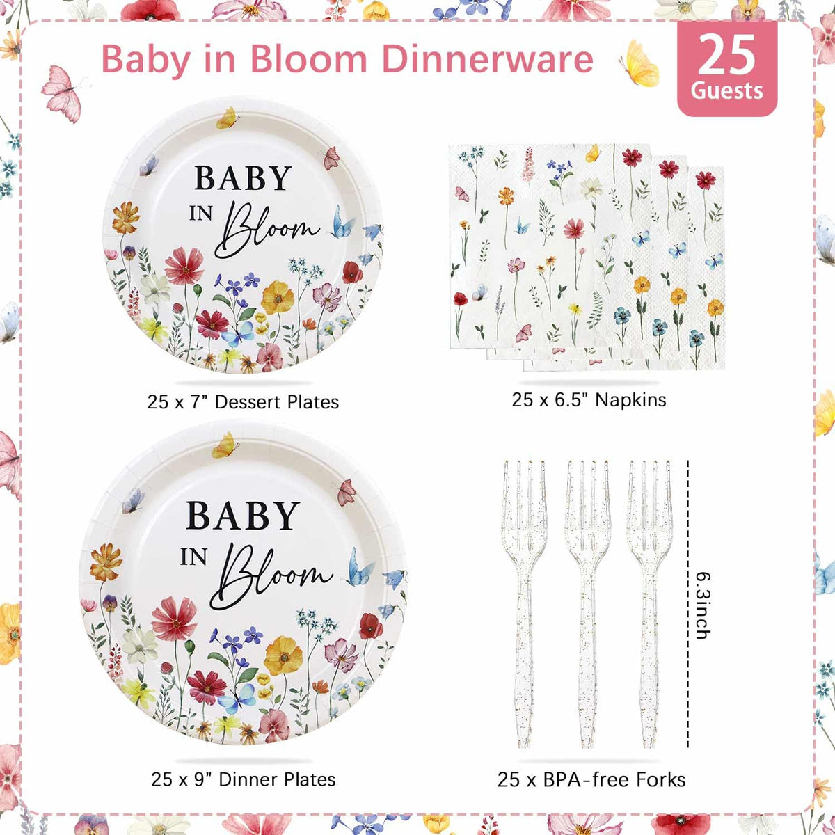 Heboland Wildflower Baby in Bloom: Plates & Utensils for Baby Shower (100pcs, 25 Guests)