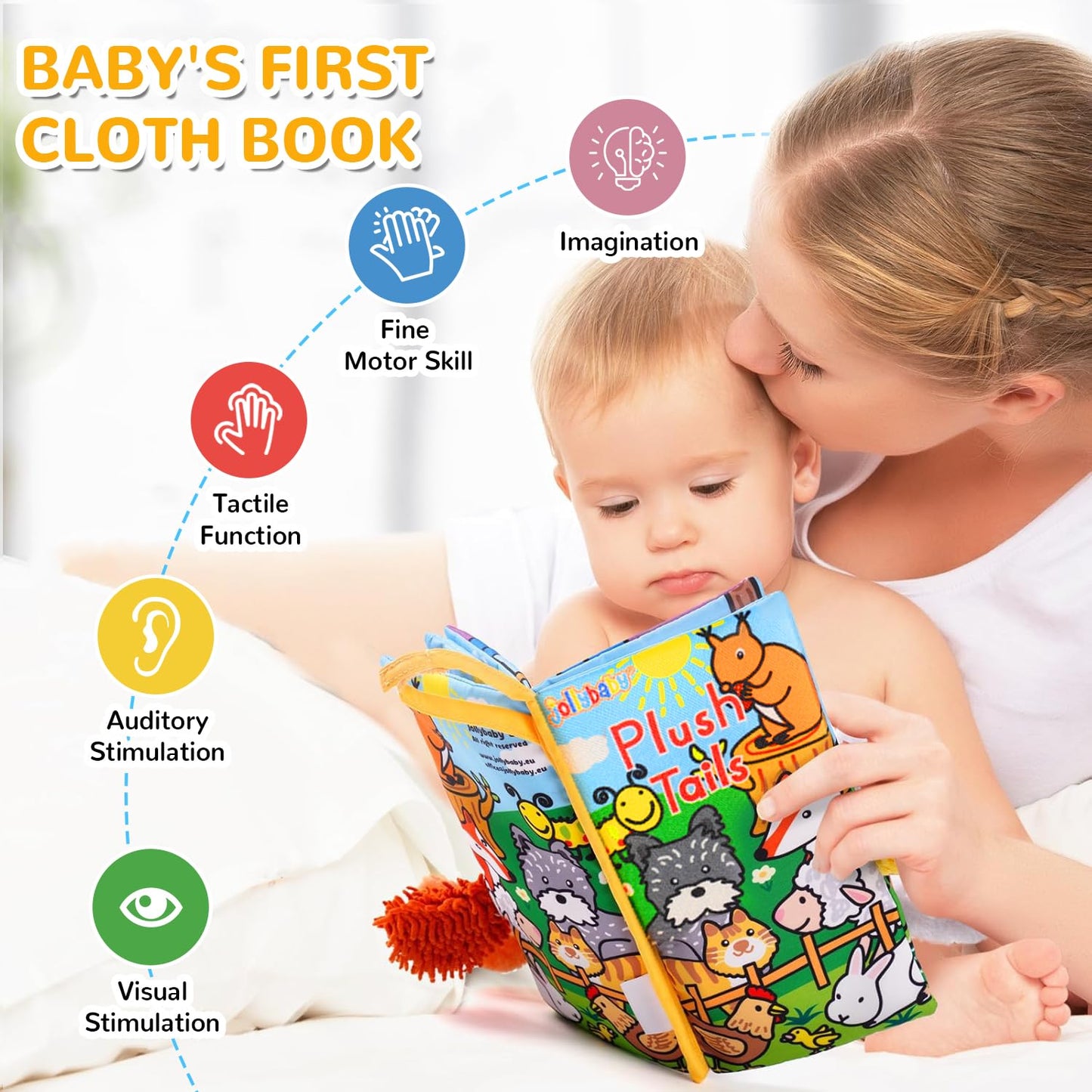 HECCEI Baby Cloth Book 0-6 Months | Soft Crinkle Tail Sensory Book for Infants