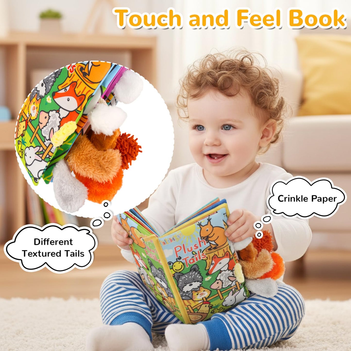 HECCEI Baby Cloth Book 0-6 Months | Soft Crinkle Tail Sensory Book for Infants