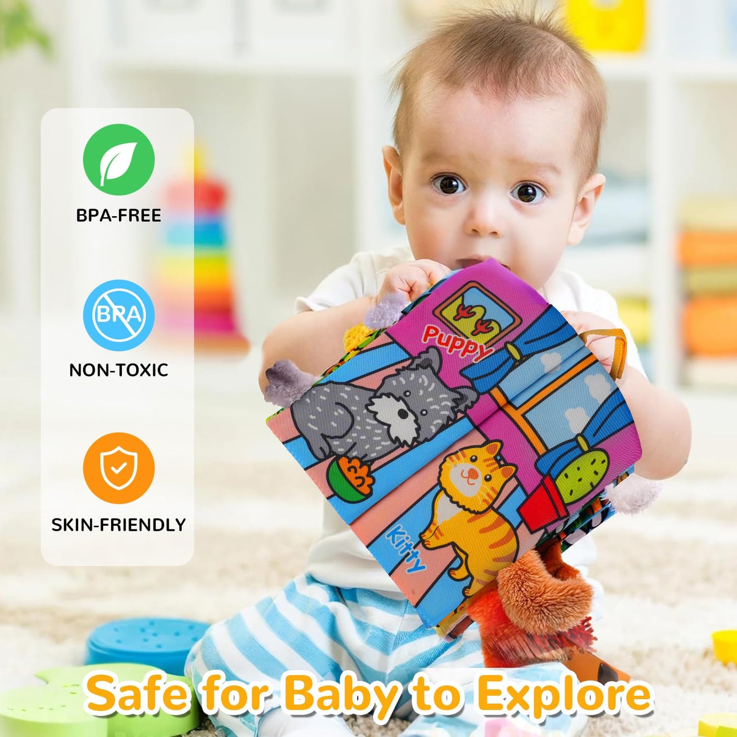 HECCEI Baby Cloth Book 0-6 Months | Soft Crinkle Tail Sensory Book for Infants