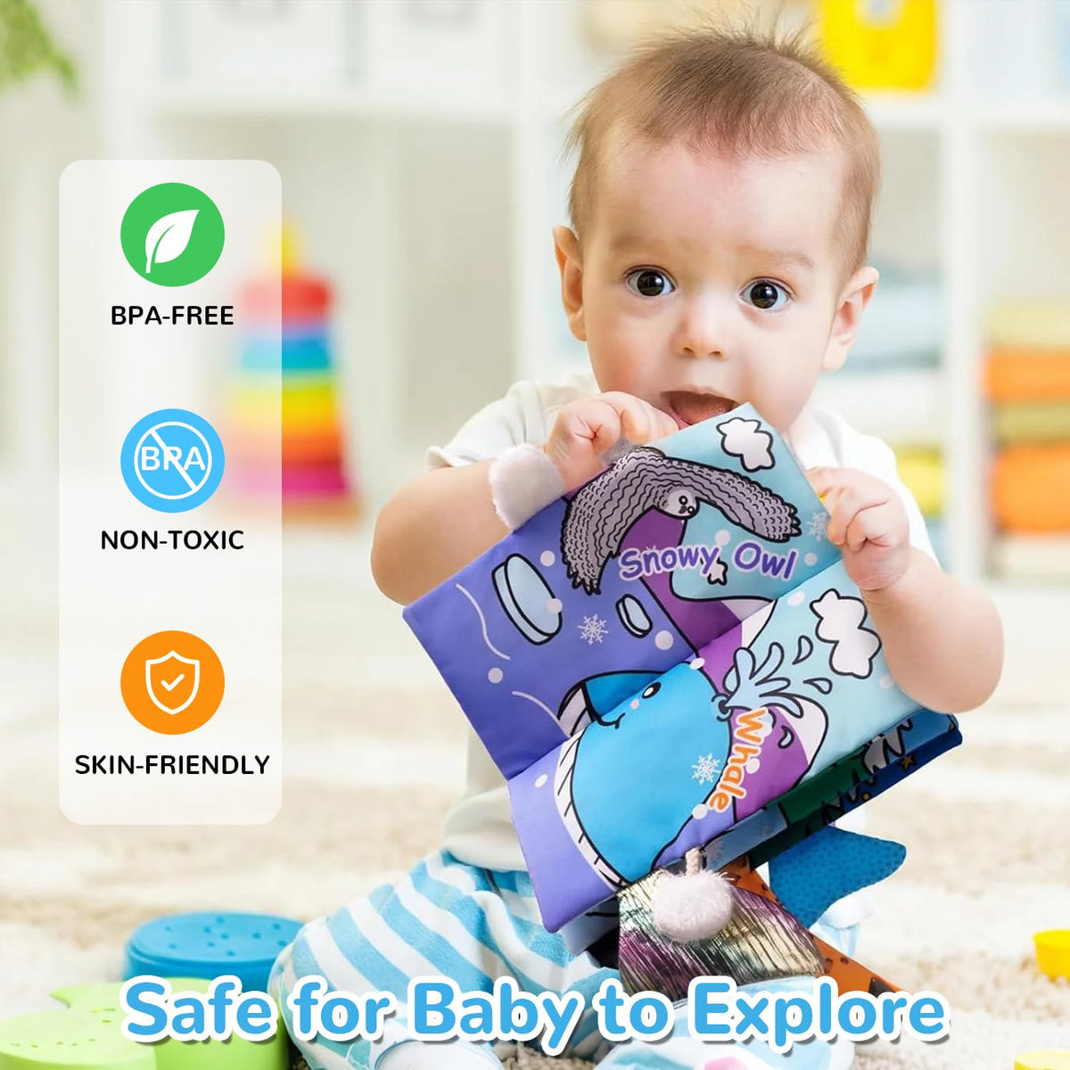 HECCEI Baby Cloth Book – Soft, Safe 0-6 Months Sensory Book with Glacier Tails