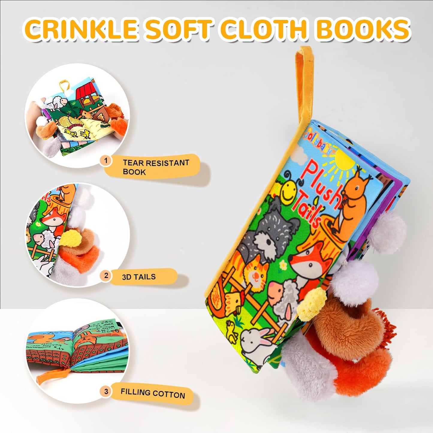 HECCEI Baby Cloth Book 0-6 Months | Soft Crinkle Tail Sensory Book for Infants