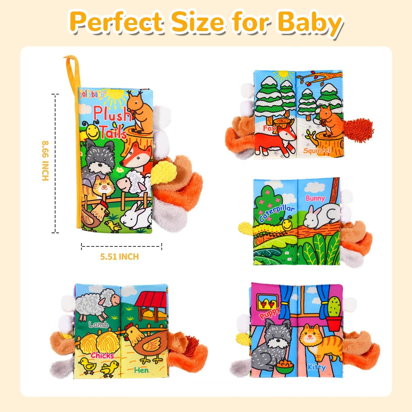 HECCEI Baby Cloth Book 0-6 Months | Soft Crinkle Tail Sensory Book for Infants