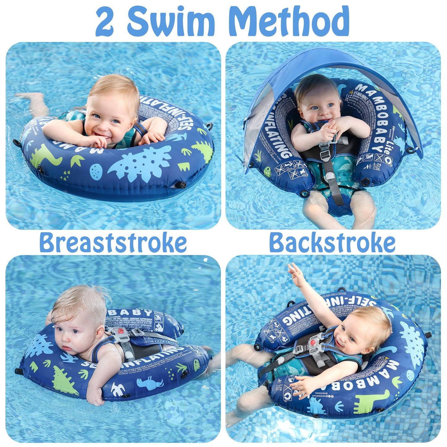 HECCEI Mambobaby: Compressible Folding Baby Self-Inflating Float with Sun Canopy – Blue