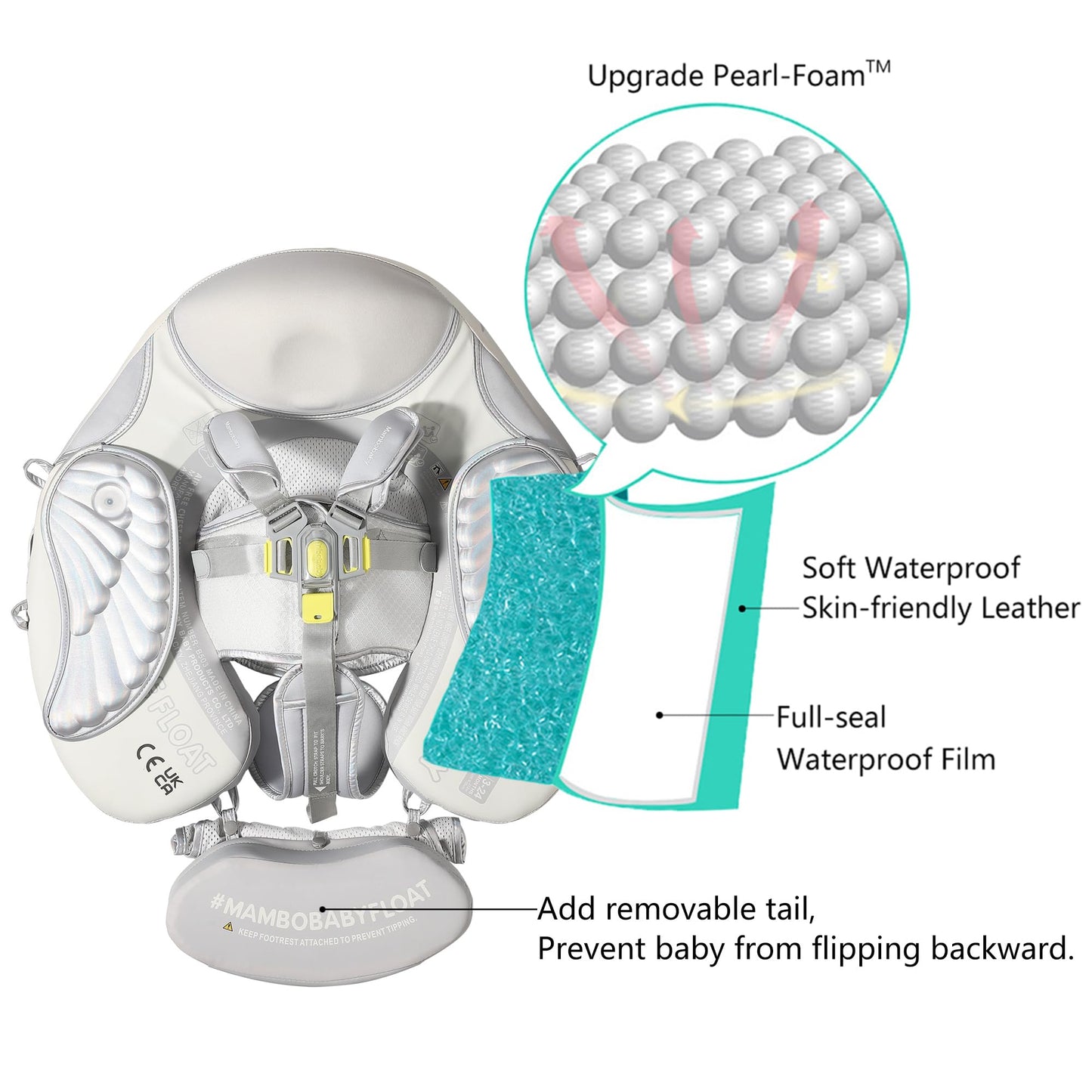 HECCEI Mambobaby Add Tail Baby Float with Sun Canopy – Angel Silver | Safe, Fun Water Time