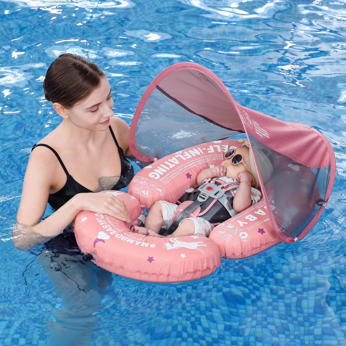 HECCEI Mambobaby Baby Pool Float Hammock with Canopy – Self-Inflating Water Bed, 3-24 Months, UPF50+, Pink