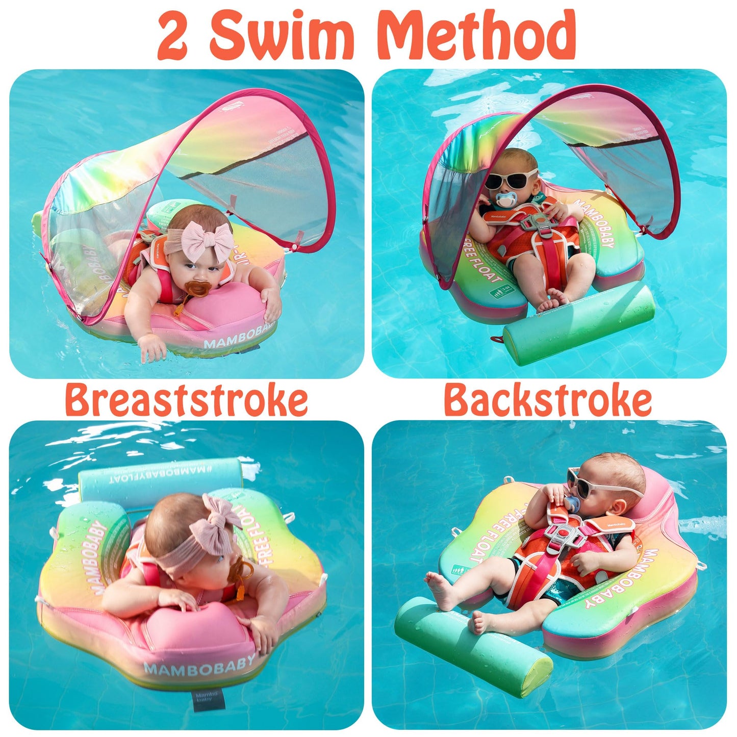 HECCEI Mambobaby Add Tail Baby Float with Sun Canopy Rainbow – 360° Protection for Babies 3–24 Months