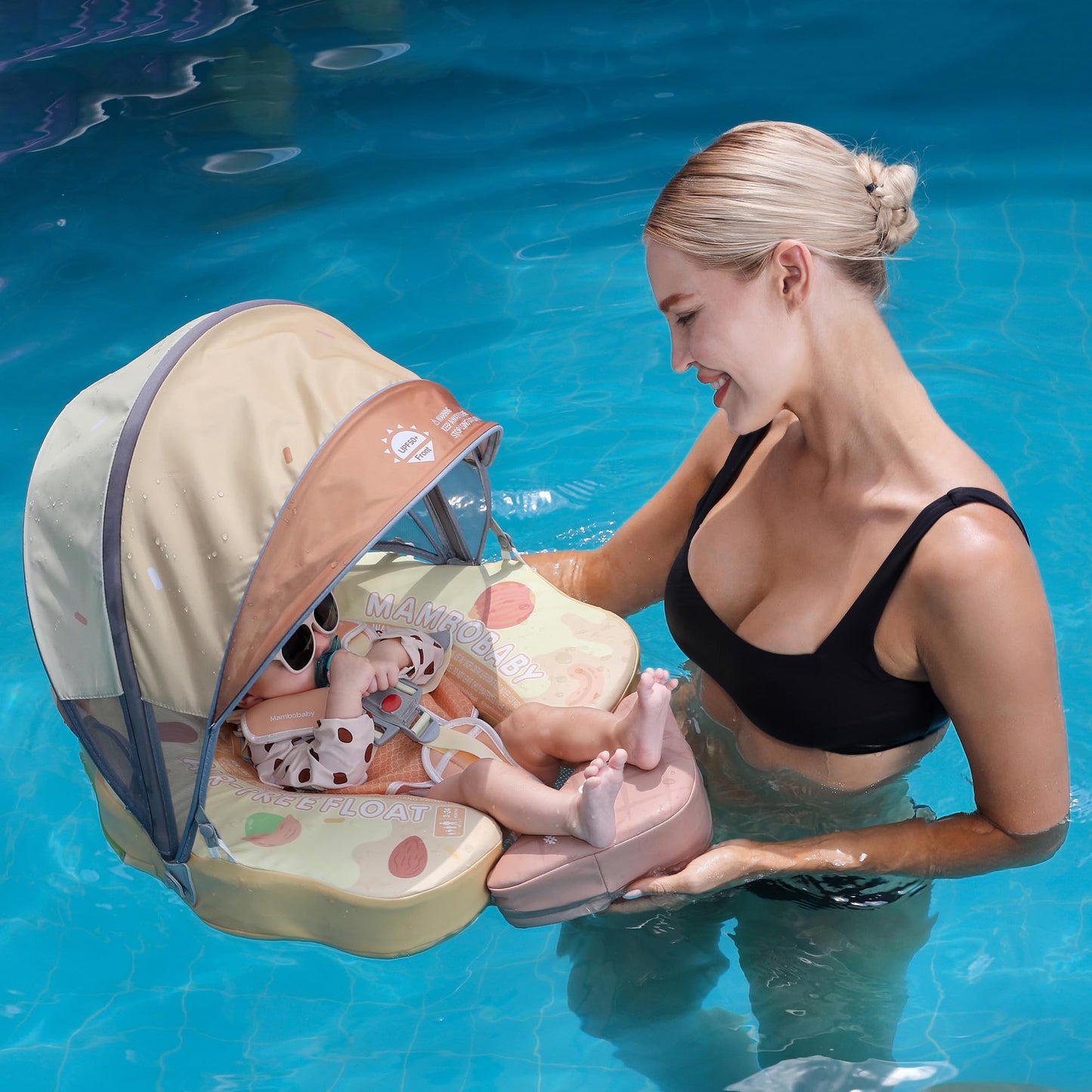 HECCEI Mambobaby Float Add Tail Baby Swim Float with Canopy - Non-Inflatable Soft Leather, UPF50+ Yellow (Limited Edition)