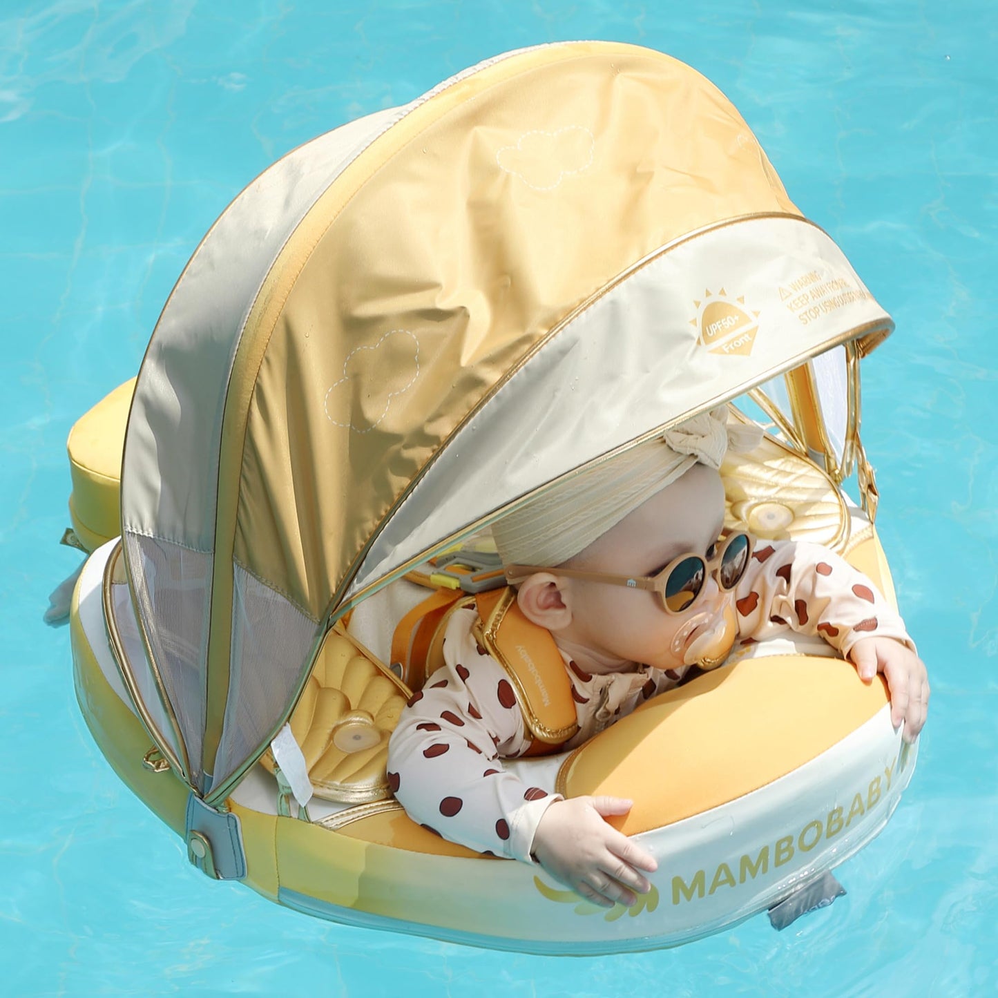 HECCEI Mambobaby Float Add Tail Baby Swim Float with Canopy – Leather Surface, Global Limited Edition Gold