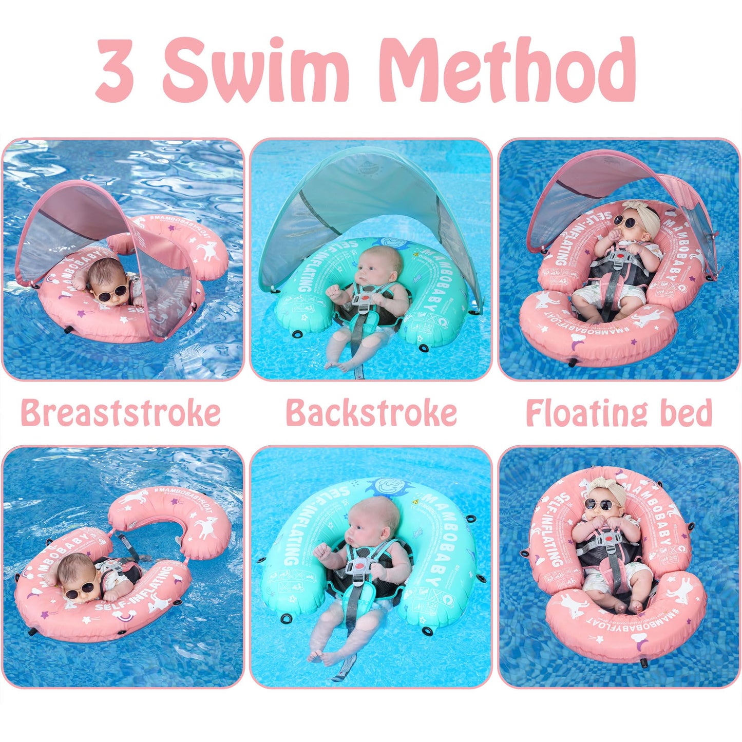 HECCEI Mambobaby Float Bed: Self-Inflating Baby Pool Float with Canopy – Portable Folding Baby Lounger