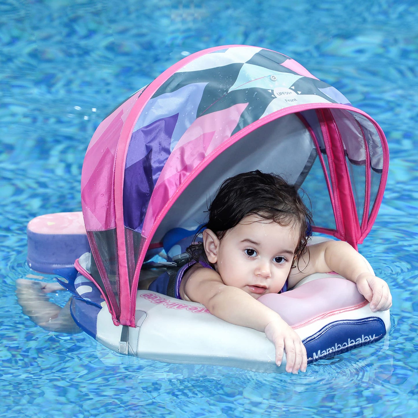 HECCEI Mambobaby Float Upgrade with Tail & Canopy | Infant Swim Trainer 3–24 Months (Blue, Colorful Fish)