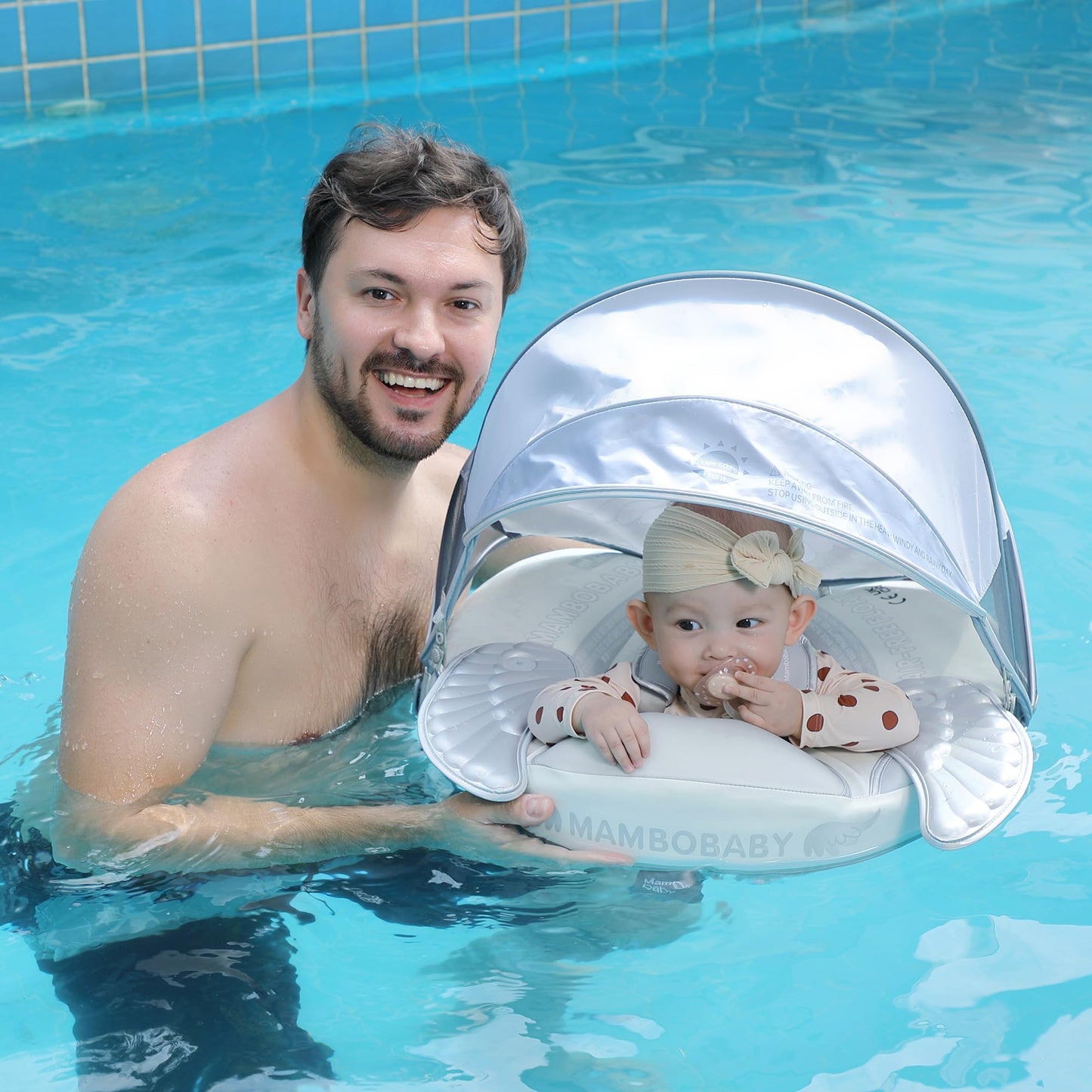 HECCEI Mambobaby Float with Removable Tail & Canopy — Non-Inflatable Baby Swim Float, Soft Leather, Global Limited Edition Silver
