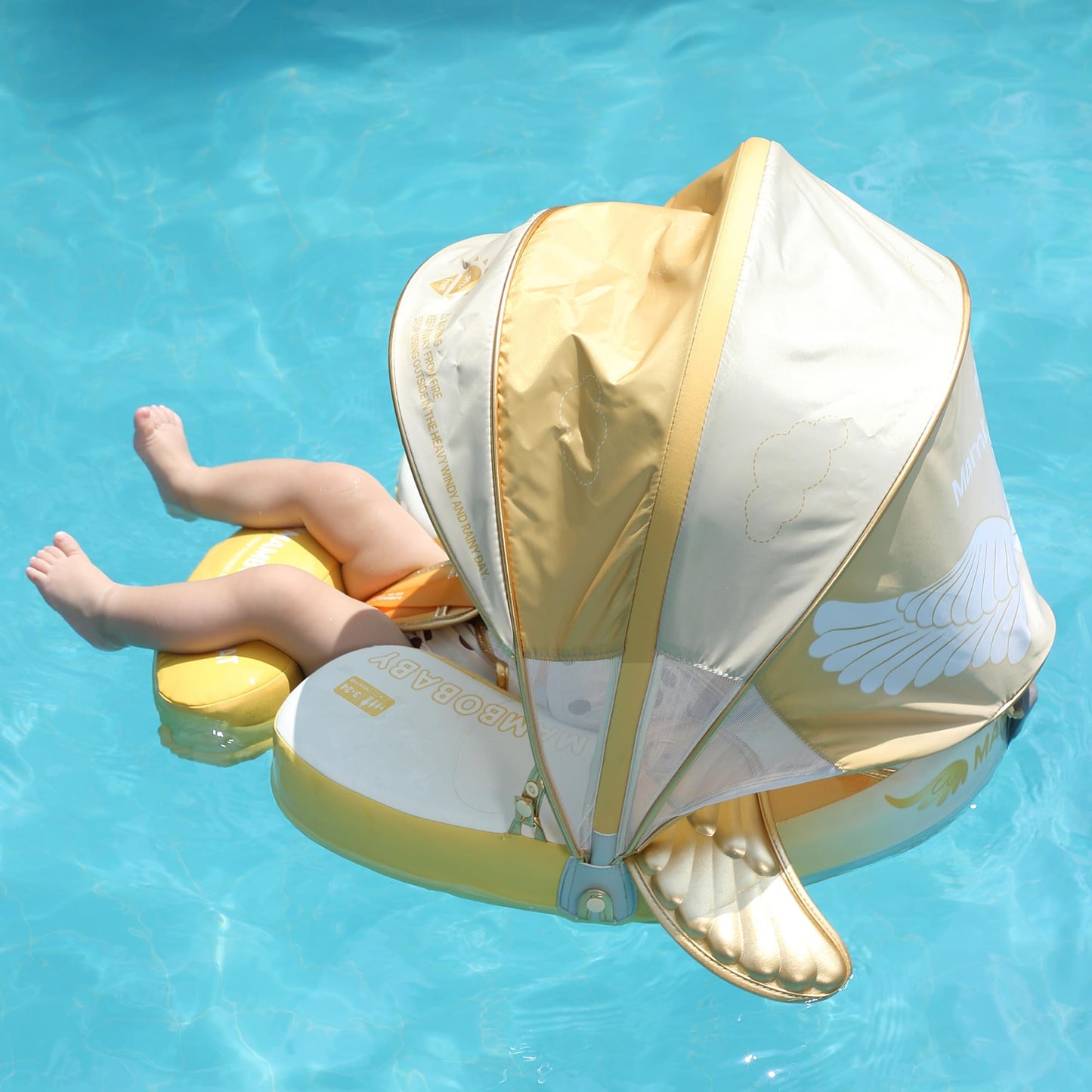 HECCEI Mambobaby Float Add Tail Baby Swim Float with Canopy – Leather Surface, Global Limited Edition Gold