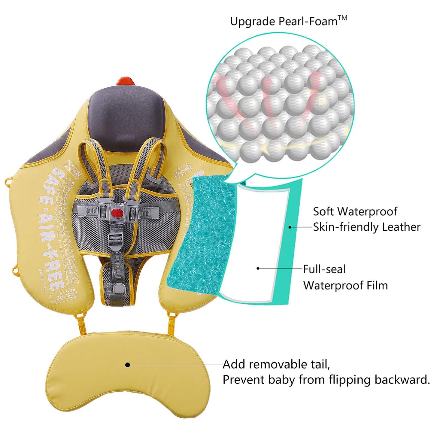 HECCEI Mambobaby Float Add Tail Baby Swim Float with Canopy – Non-Inflatable, Soft Leather, Special Edition Yellow