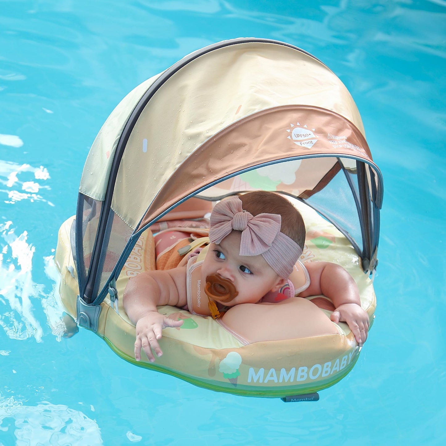 HECCEI Mambobaby Float Add Tail Baby Swim Float with Canopy - Non-Inflatable Soft Leather, UPF50+ Yellow (Limited Edition)