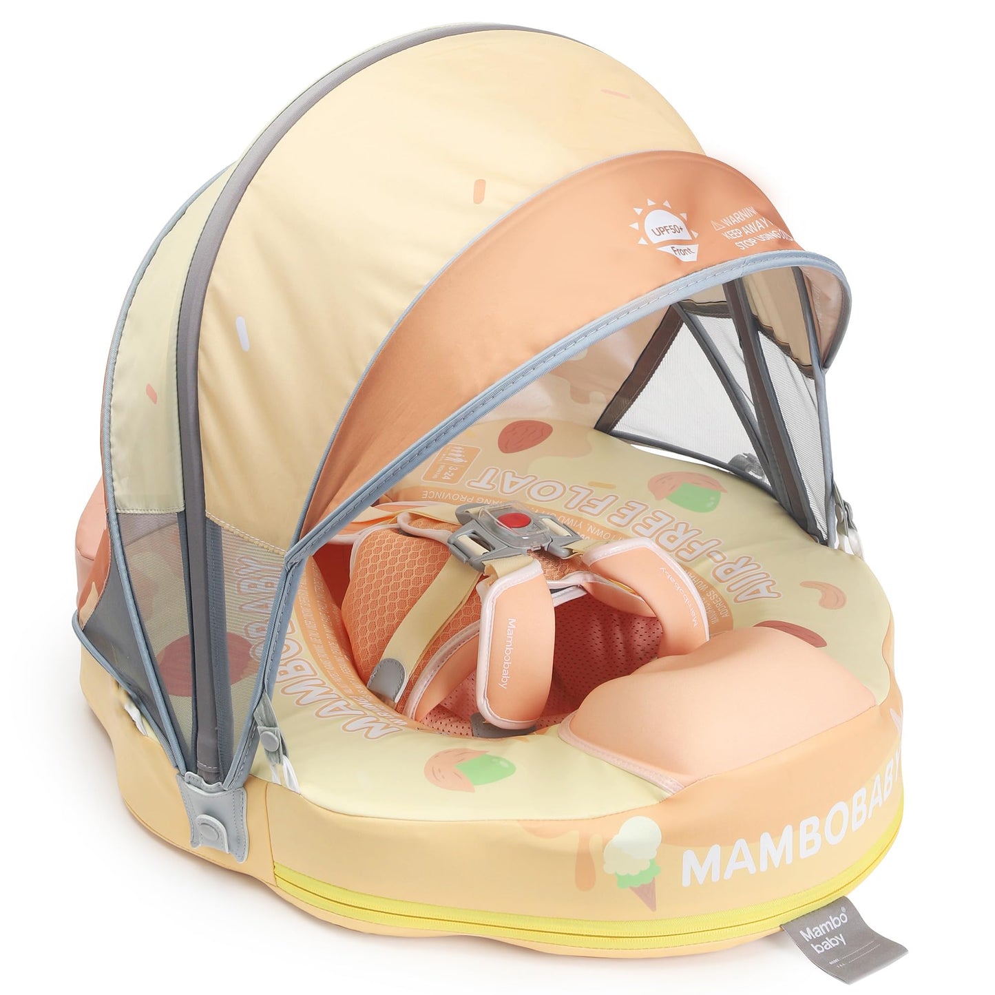 HECCEI Mambobaby Float Add Tail Baby Swim Float with Canopy - Non-Inflatable Soft Leather, UPF50+ Yellow (Limited Edition)