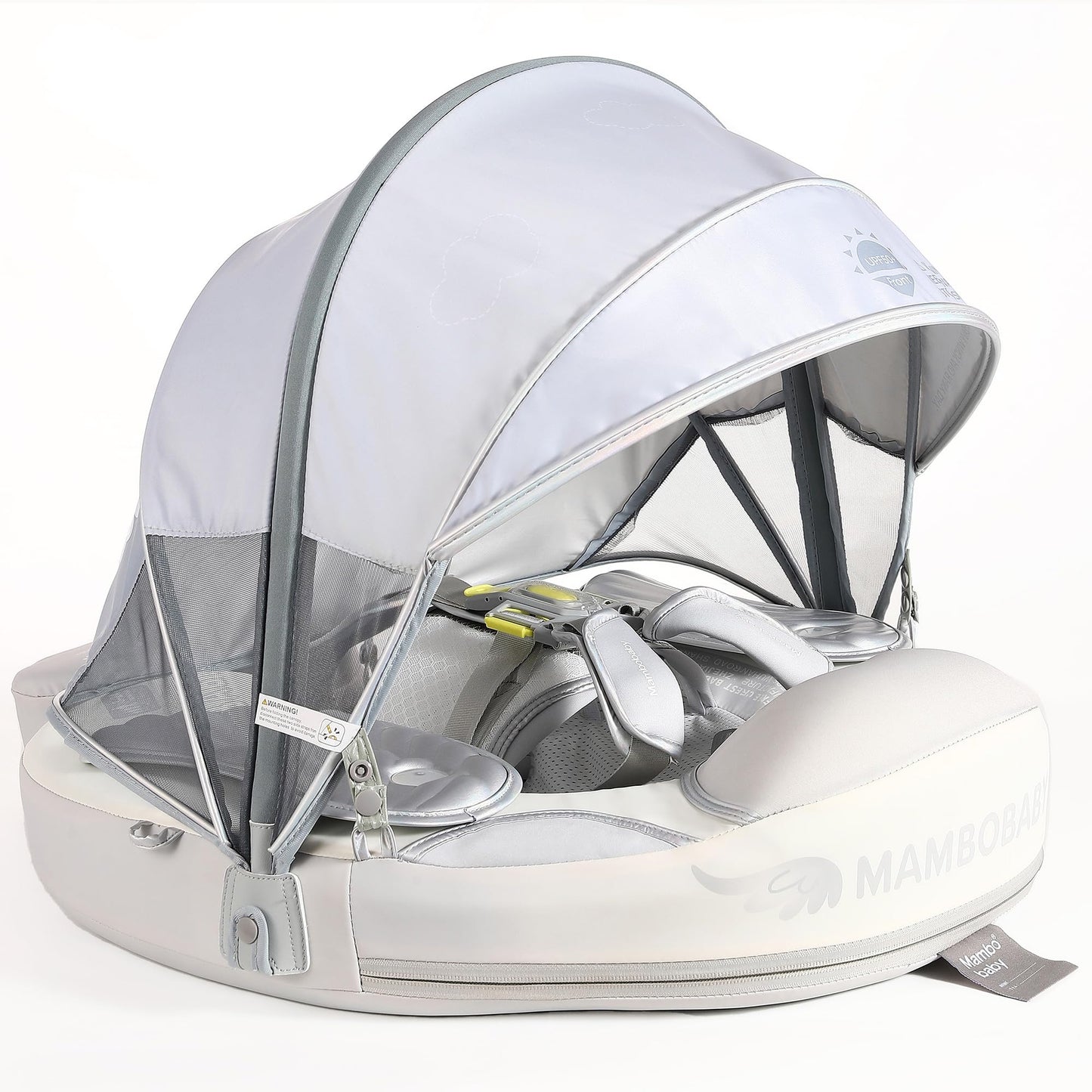 HECCEI Mambobaby Float with Removable Tail & Canopy — Non-Inflatable Baby Swim Float, Soft Leather, Global Limited Edition Silver