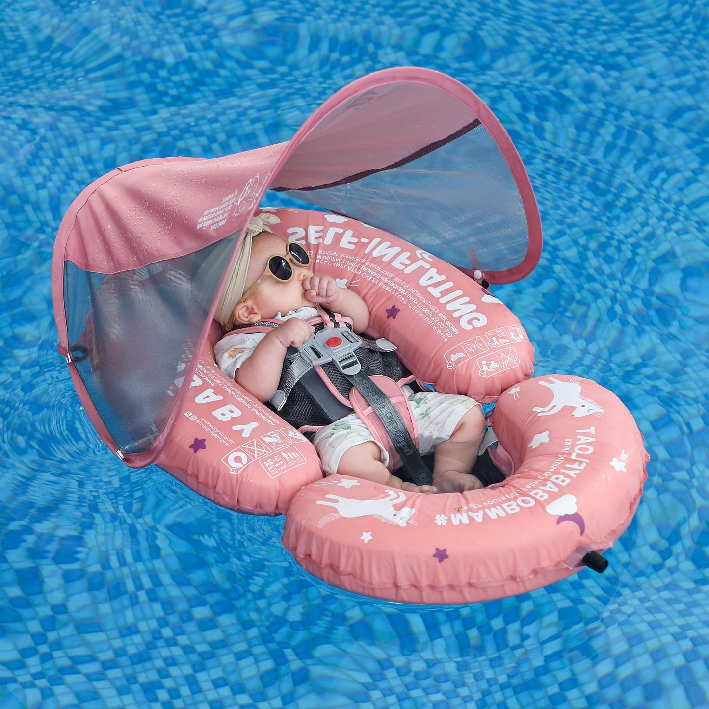 HECCEI Mambobaby Baby Pool Float Hammock with Canopy – Self-Inflating Water Bed, 3-24 Months, UPF50+, Pink