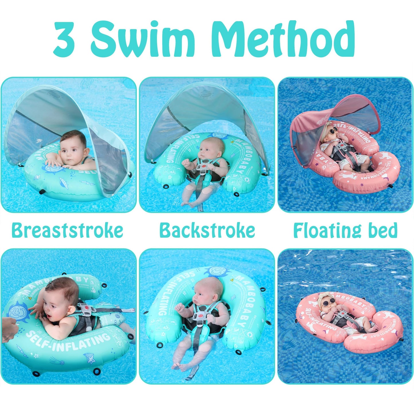 HECCEI Mambobaby Baby Pool Float Hammock with Canopy – Self-Inflating Water Bed, 3-24 Months, UPF50+, Pink