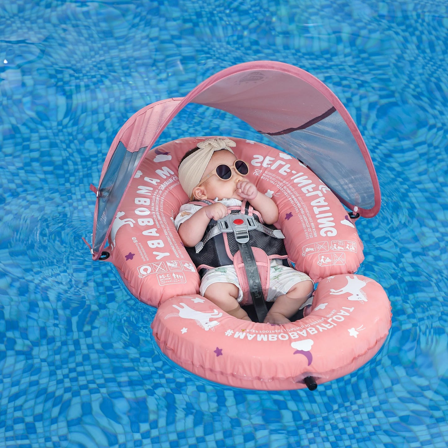 HECCEI Mambobaby Baby Pool Float Hammock with Canopy – Self-Inflating Water Bed, 3-24 Months, UPF50+, Pink