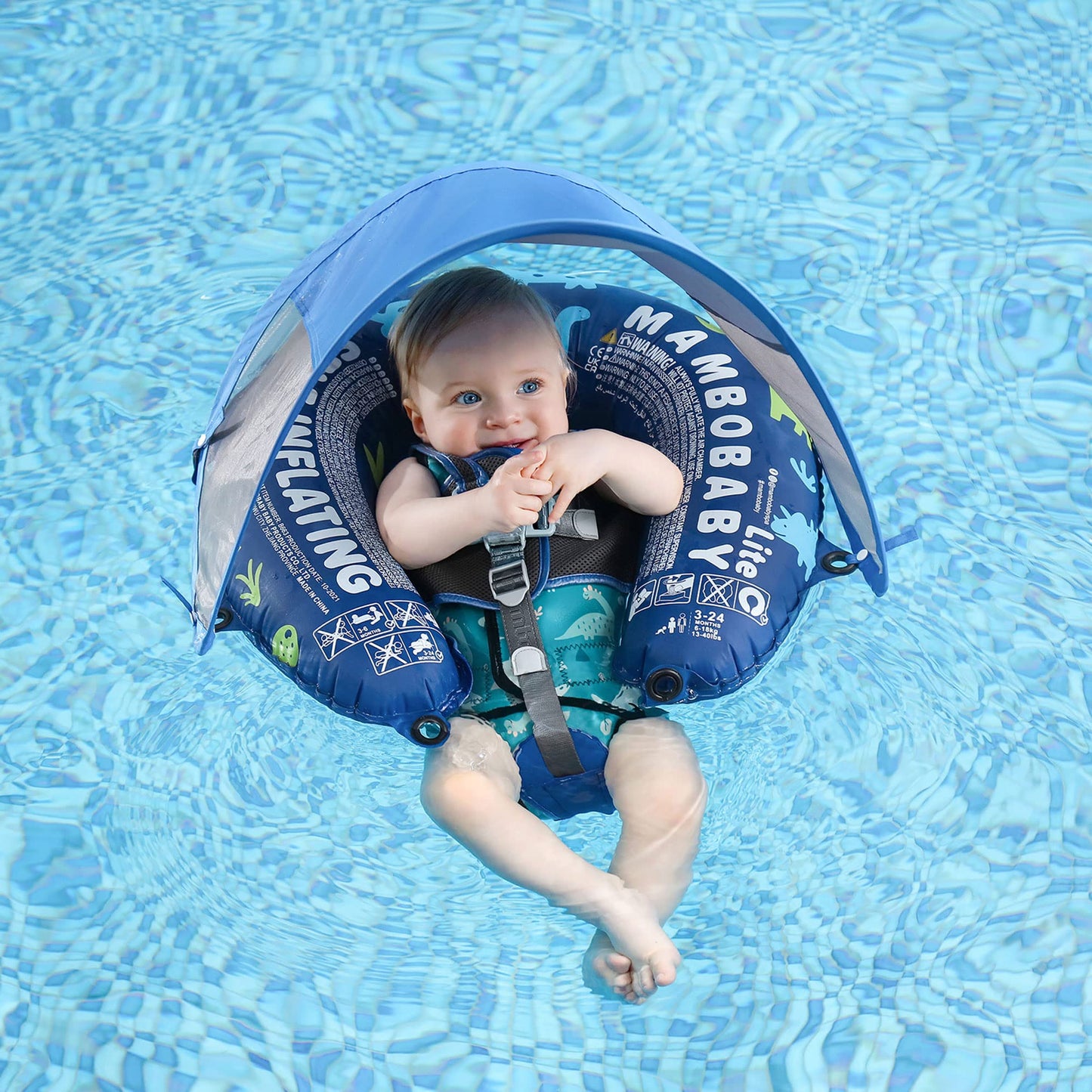 HECCEI Mambobaby: Compressible Folding Baby Self-Inflating Float with Sun Canopy – Blue