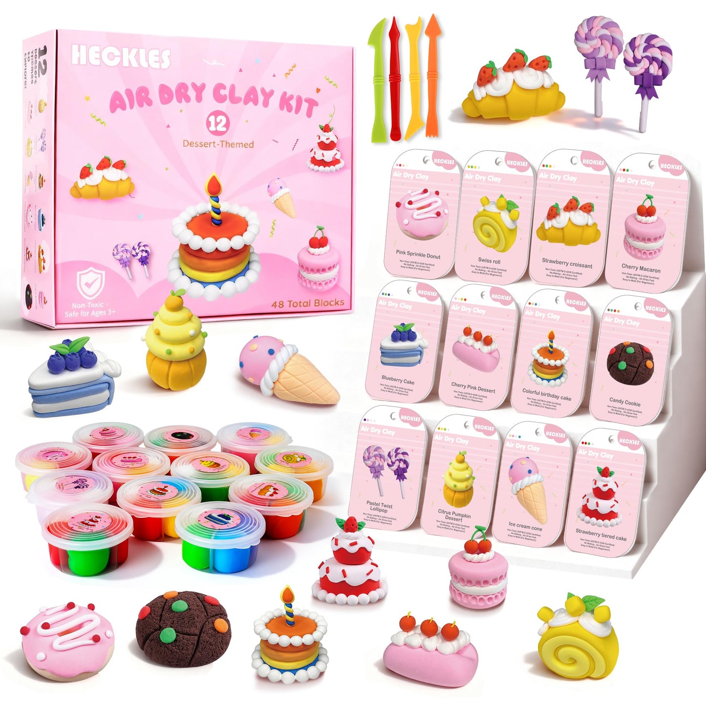 HECKLES Air Dry Clay Kit for Kids (3-12) – Non-Toxic Dessert-Themed DIY | 12 Boxes, 48 Blocks