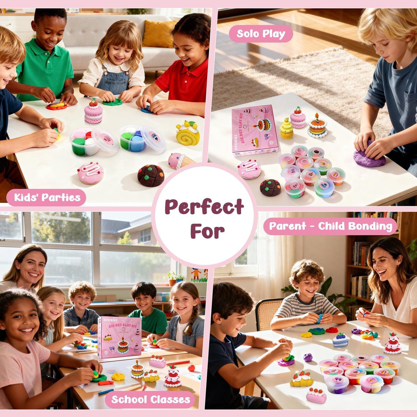 HECKLES Air Dry Clay Kit for Kids (3-12) – Non-Toxic Dessert-Themed DIY | 12 Boxes, 48 Blocks