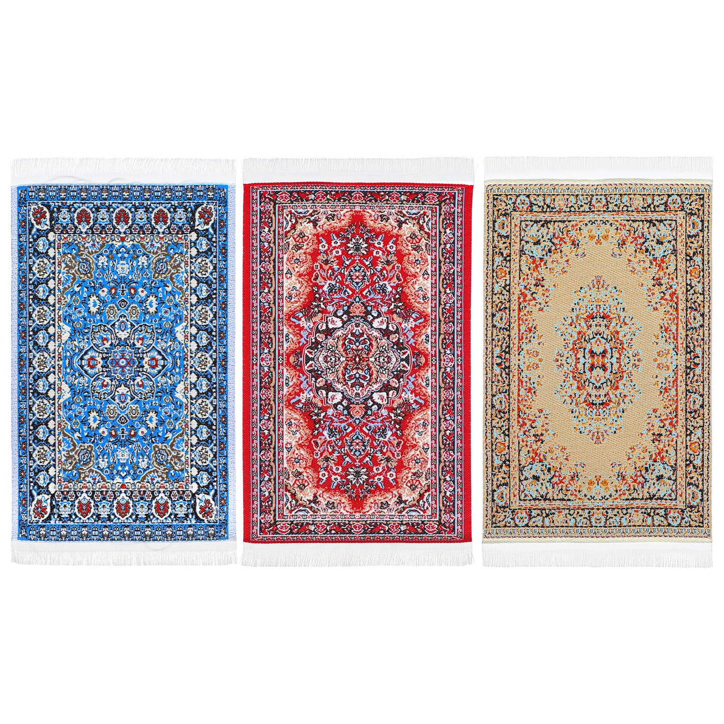 Heclia Dollhouse Rug Set - 3-Piece 1:12 Vintage Floral Mini Rugs (Blue, Red, Yellow)