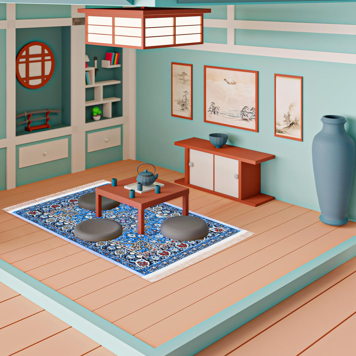 Heclia Dollhouse Rug Set - 3-Piece 1:12 Vintage Floral Mini Rugs (Blue, Red, Yellow)