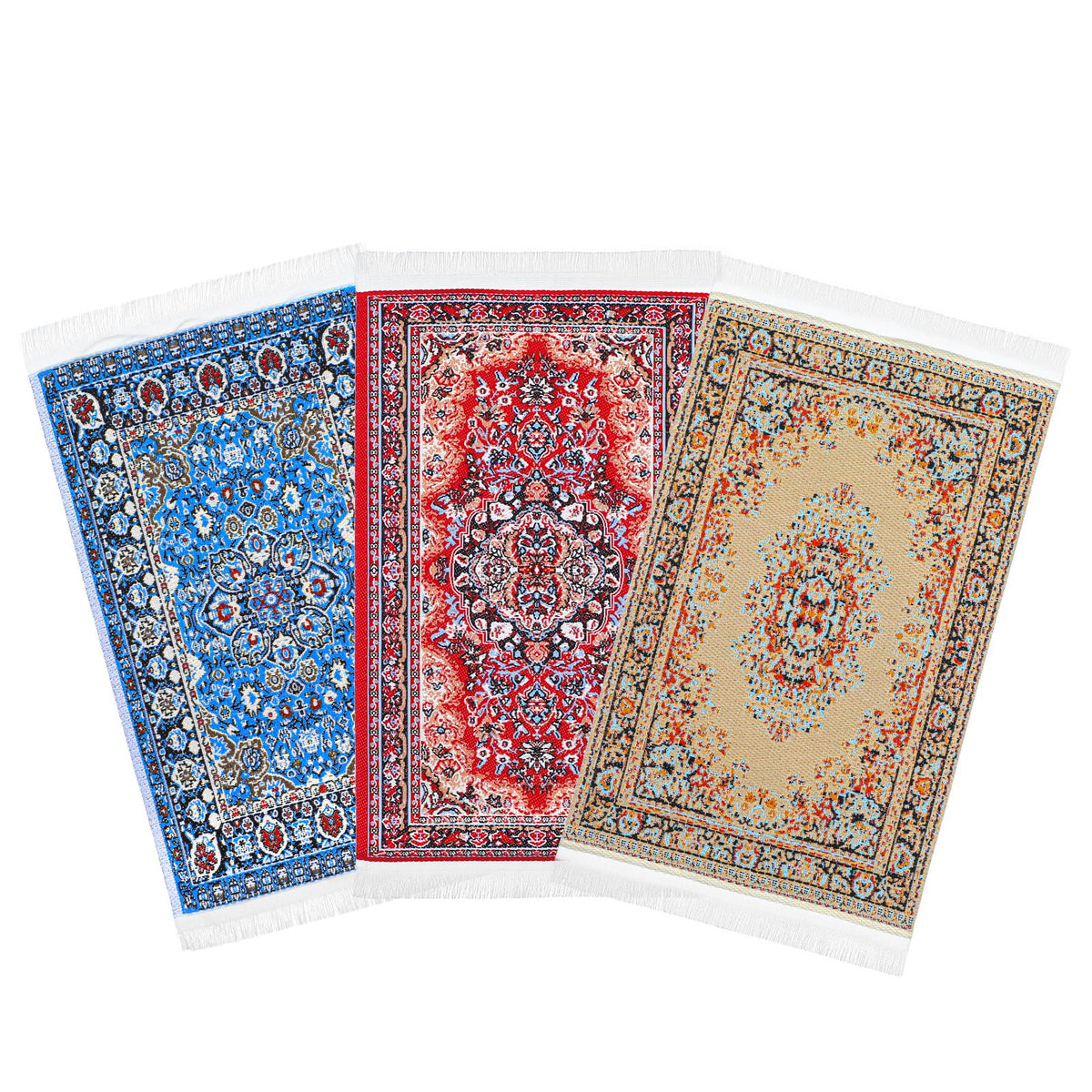 Heclia Dollhouse Rug Set - 3-Piece 1:12 Vintage Floral Mini Rugs (Blue, Red, Yellow)