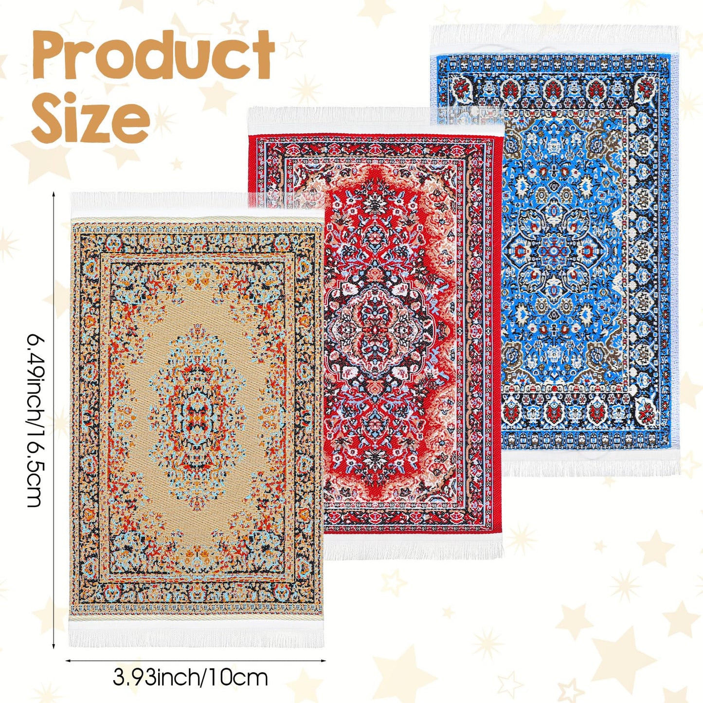 Heclia Dollhouse Rug Set - 3-Piece 1:12 Vintage Floral Mini Rugs (Blue, Red, Yellow)