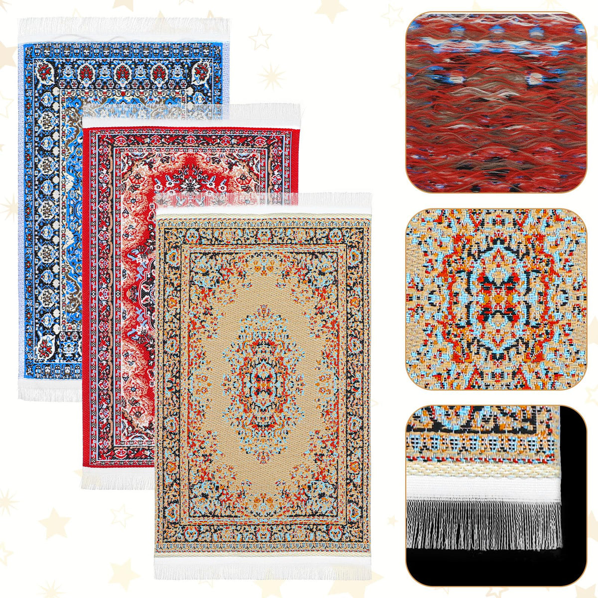Heclia Dollhouse Rug Set - 3-Piece 1:12 Vintage Floral Mini Rugs (Blue, Red, Yellow)