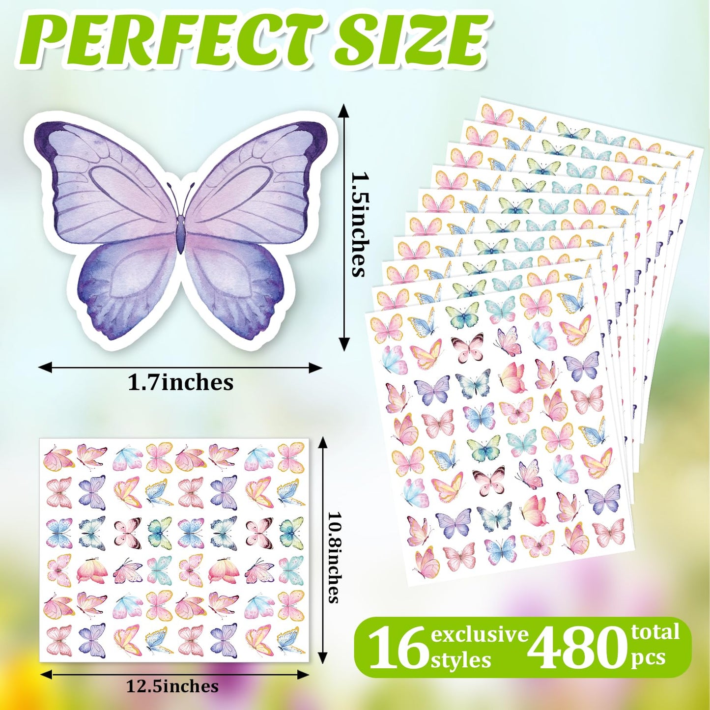 Hedeey 480 Pcs Butterfly Stickers — Watercolor Decals for Scrapbooks, Bottles & More