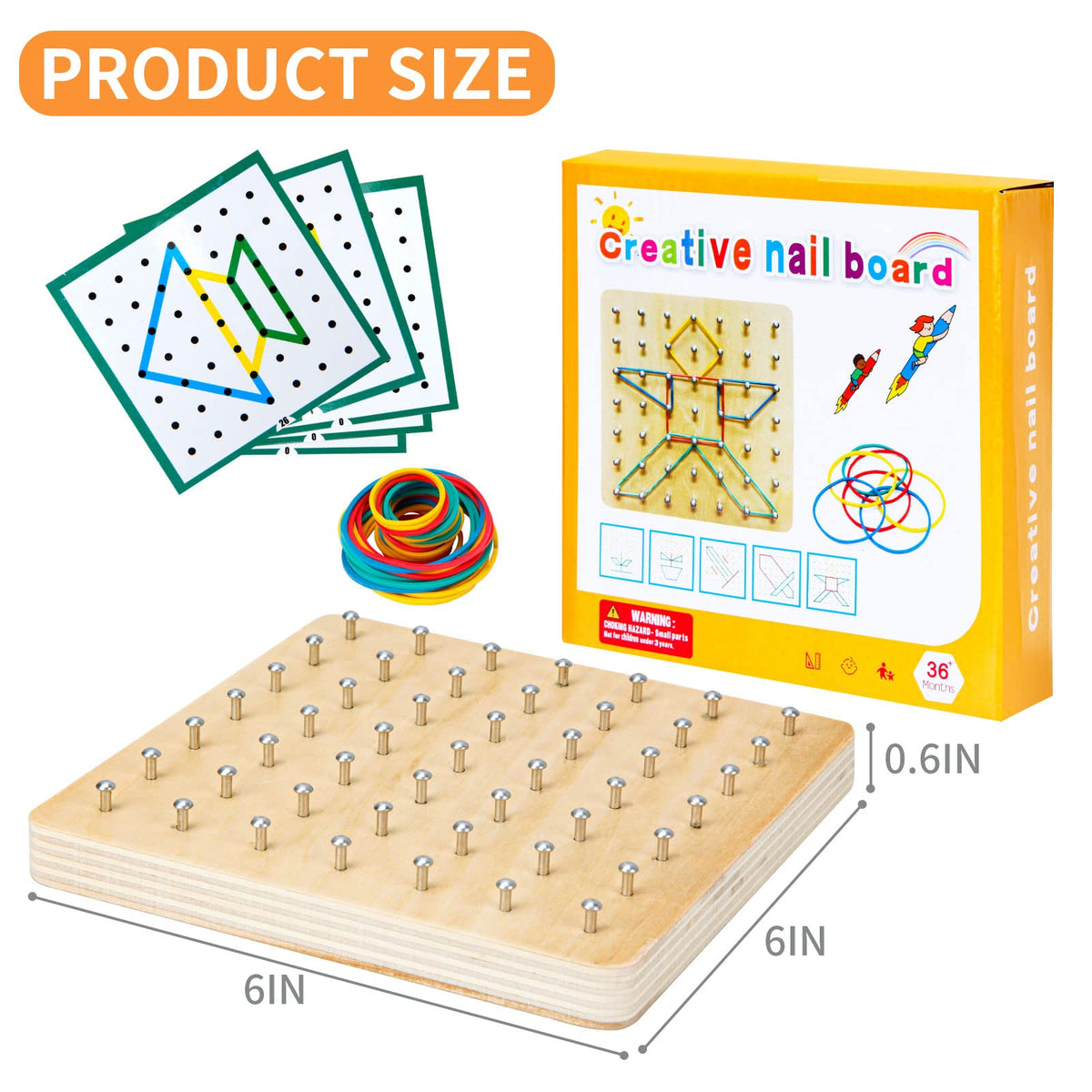 HEELWIRE Wooden Geoboard – Montessori STEM Toy with Pattern Cards & Rubber Bands (6x6x0.6 in)