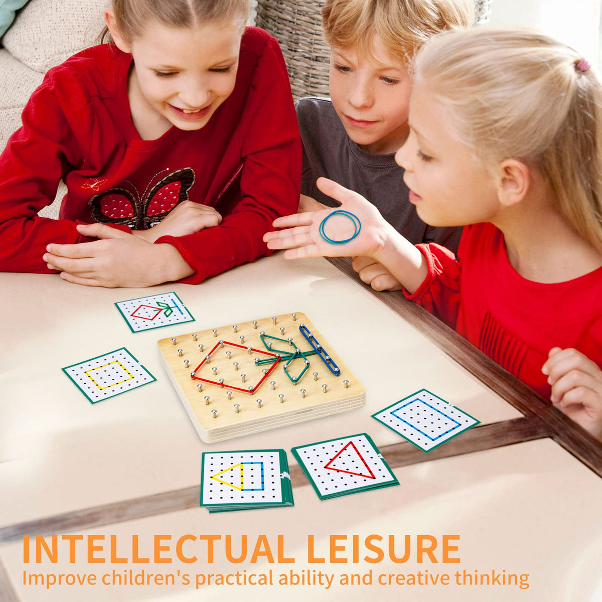 HEELWIRE Wooden Geoboard – Montessori STEM Toy with Pattern Cards & Rubber Bands (6x6x0.6 in)
