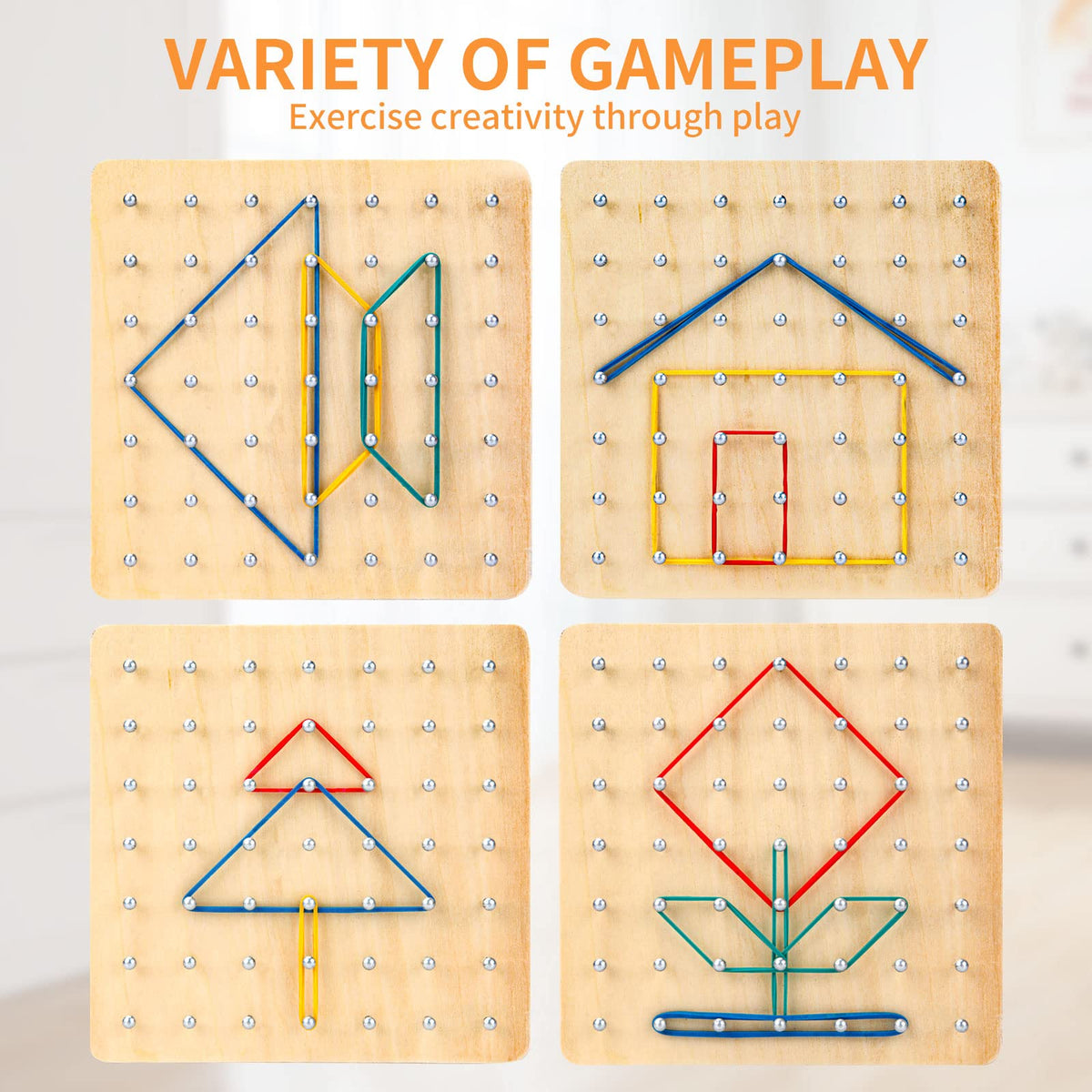 HEELWIRE Wooden Geoboard – Montessori STEM Toy with Pattern Cards & Rubber Bands (6x6x0.6 in)