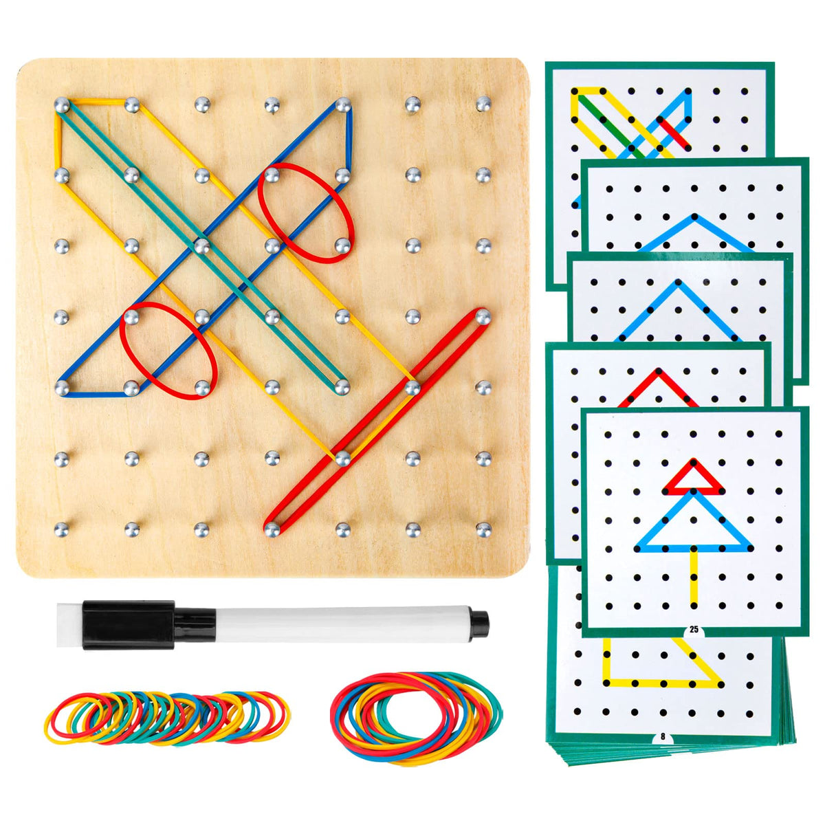 HEELWIRE Wooden Geoboard – Montessori STEM Toy with Pattern Cards & Rubber Bands (6x6x0.6 in)