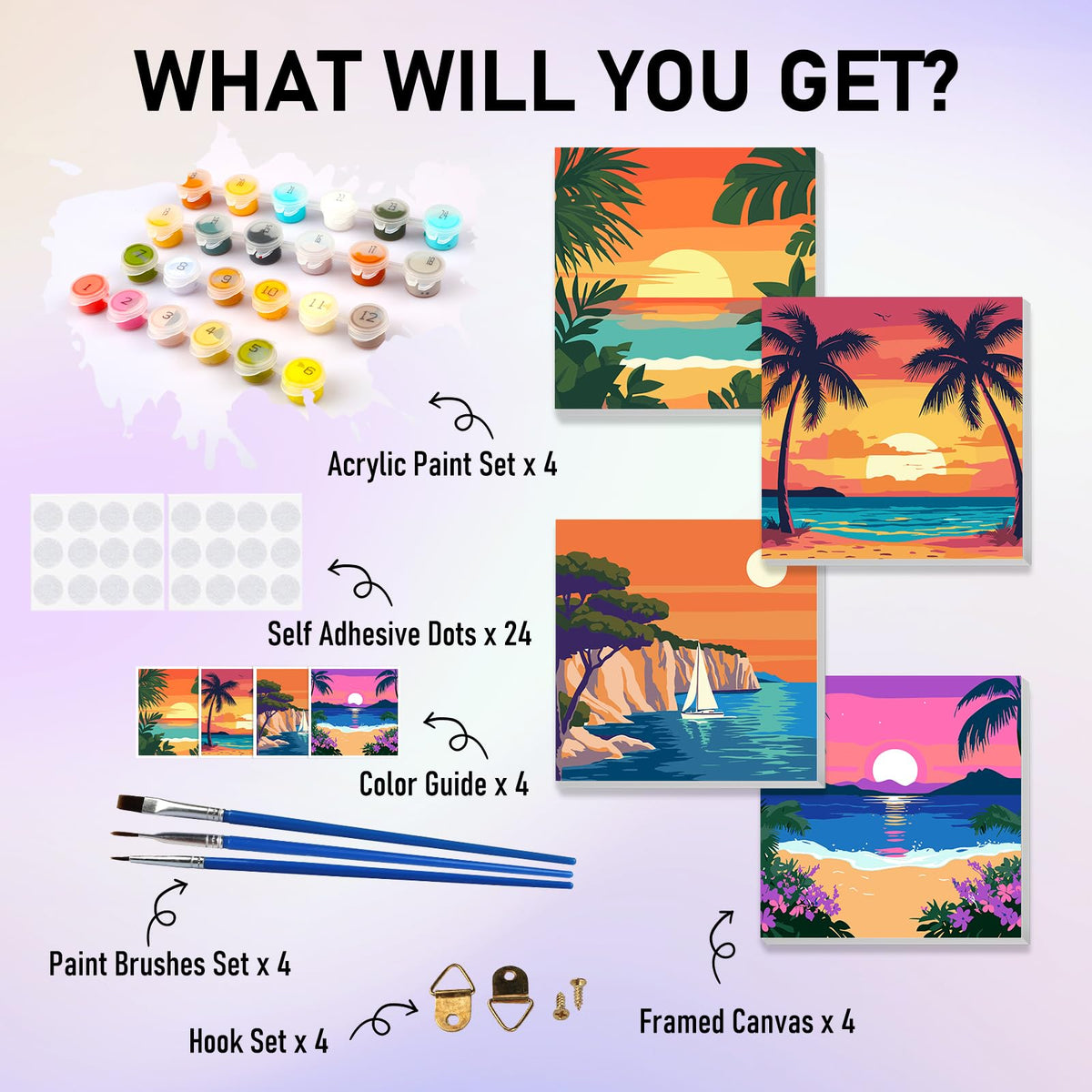 HEIBAGO Framed Paint by Numbers Kit for Kids — 4 Landscape Sets, Ages 8-12, 8x8 in