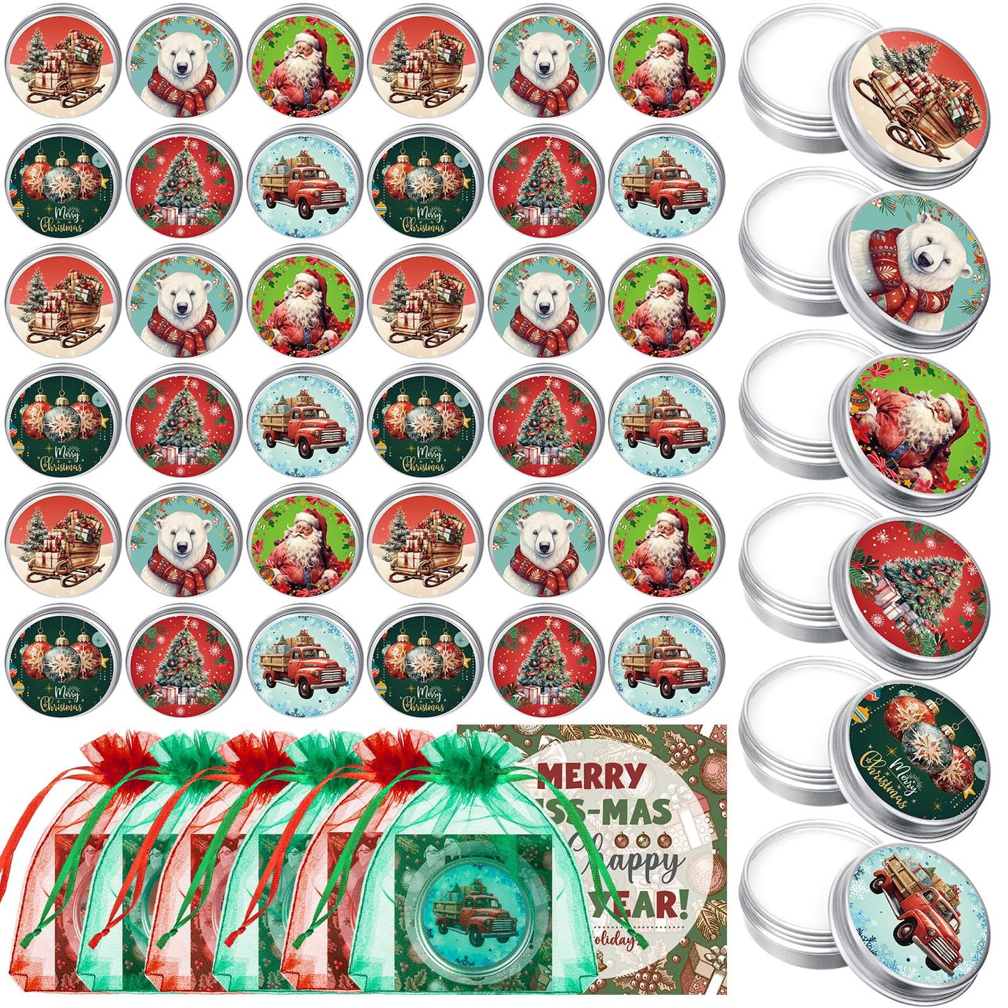 Heigble 24-Set Christmas Lip Balms Tin Can Gift Set – Moisturizing Lip Care with Organza Bags & Greeting Cards