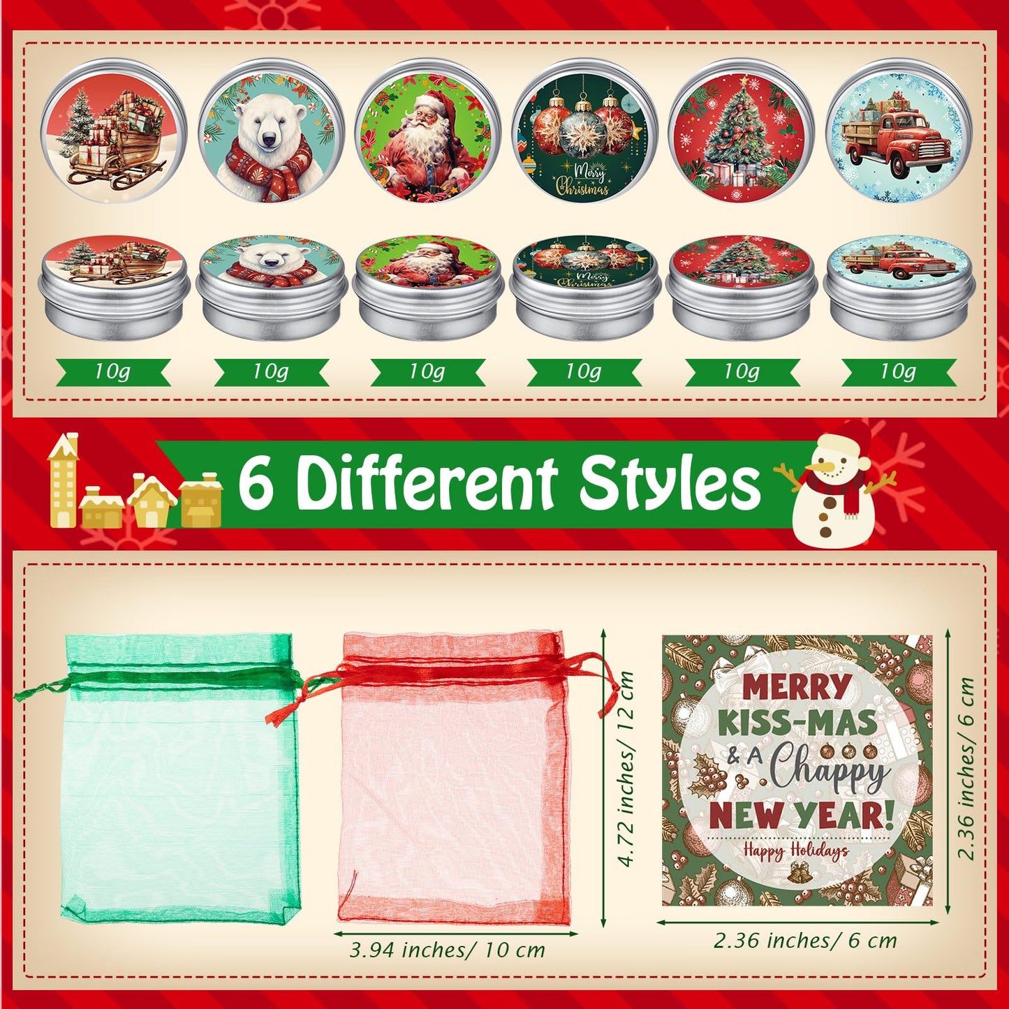 Heigble 24-Set Christmas Lip Balms Tin Can Gift Set – Moisturizing Lip Care with Organza Bags & Greeting Cards