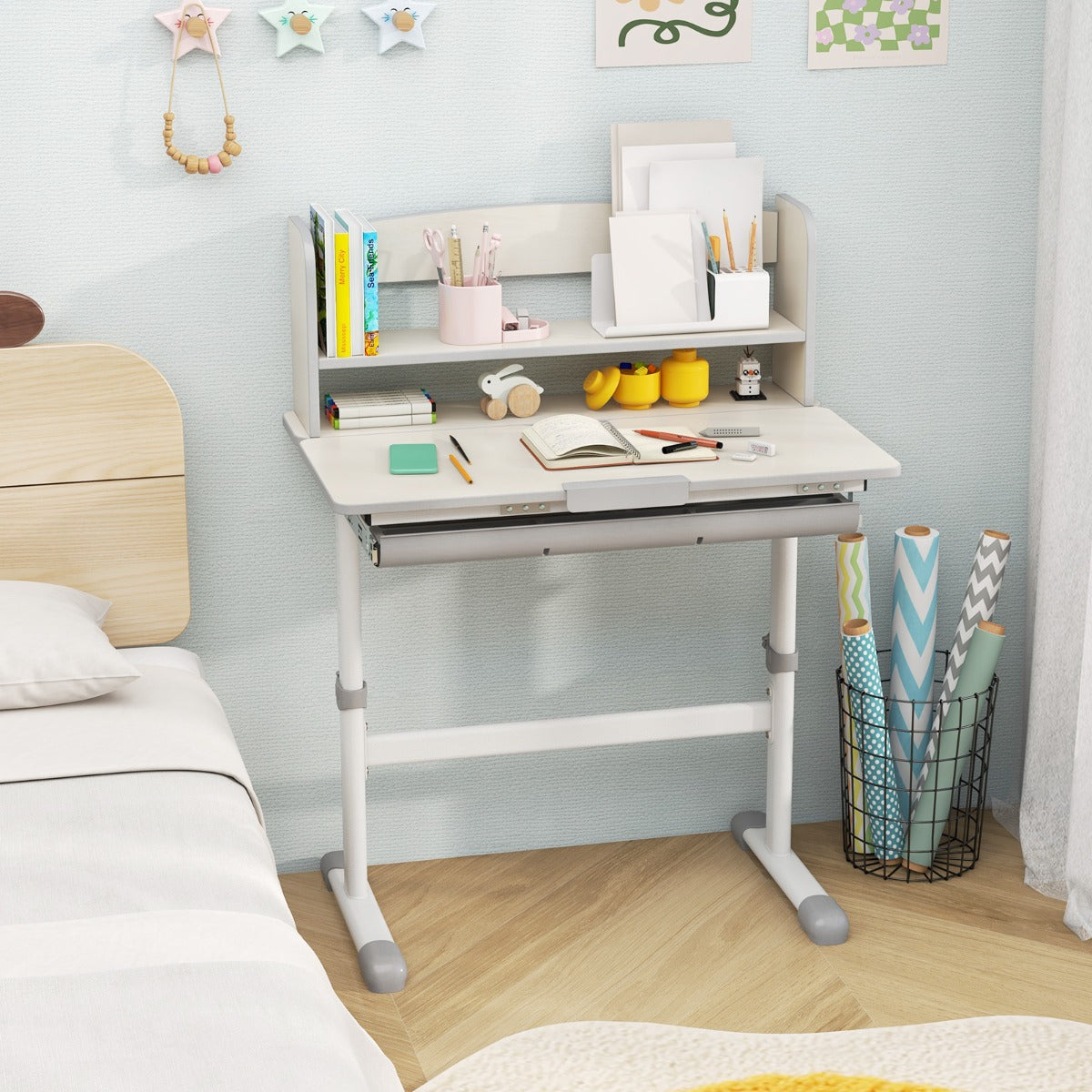 Height Adjustable Children Writing Table with Tilt Desktop and Hutch-Blue